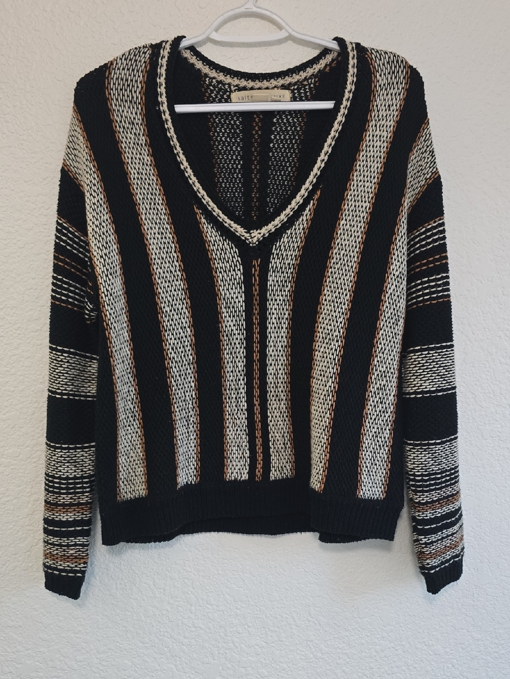 Chunky V-Neck Striped Sweater - Black, Cream & Brown